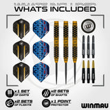 Top-down flat lay showing three 90% tungsten darts with knurled grips, two sets of flights, two sets of shafts, and a point protector on white