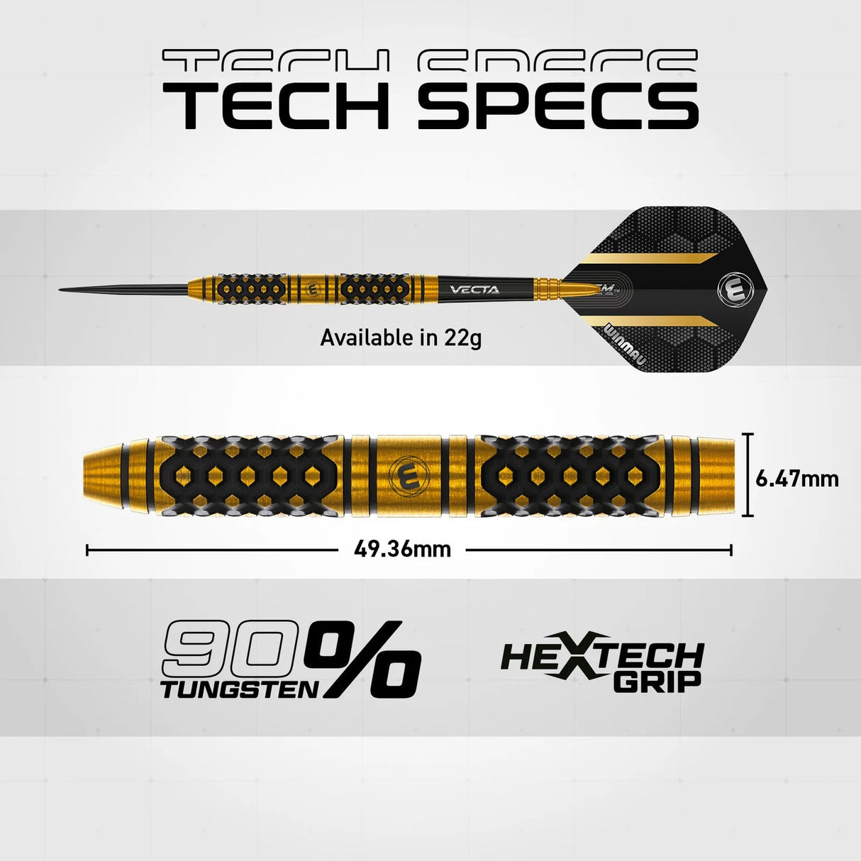 Full side view and detailed barrel close-up of 90% tungsten dart with hexagonal grip, 49.36mm length, 6.47mm width, 22g weight