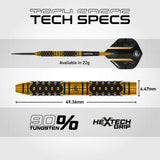 Full side view and detailed barrel close-up of 90% tungsten dart with hexagonal grip, 49.36mm length, 6.47mm width, 22g weight