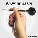 Dart held in hand demonstrating grip and 90% tungsten barrel with black and gold flight, ideal for steel tip dart buyers