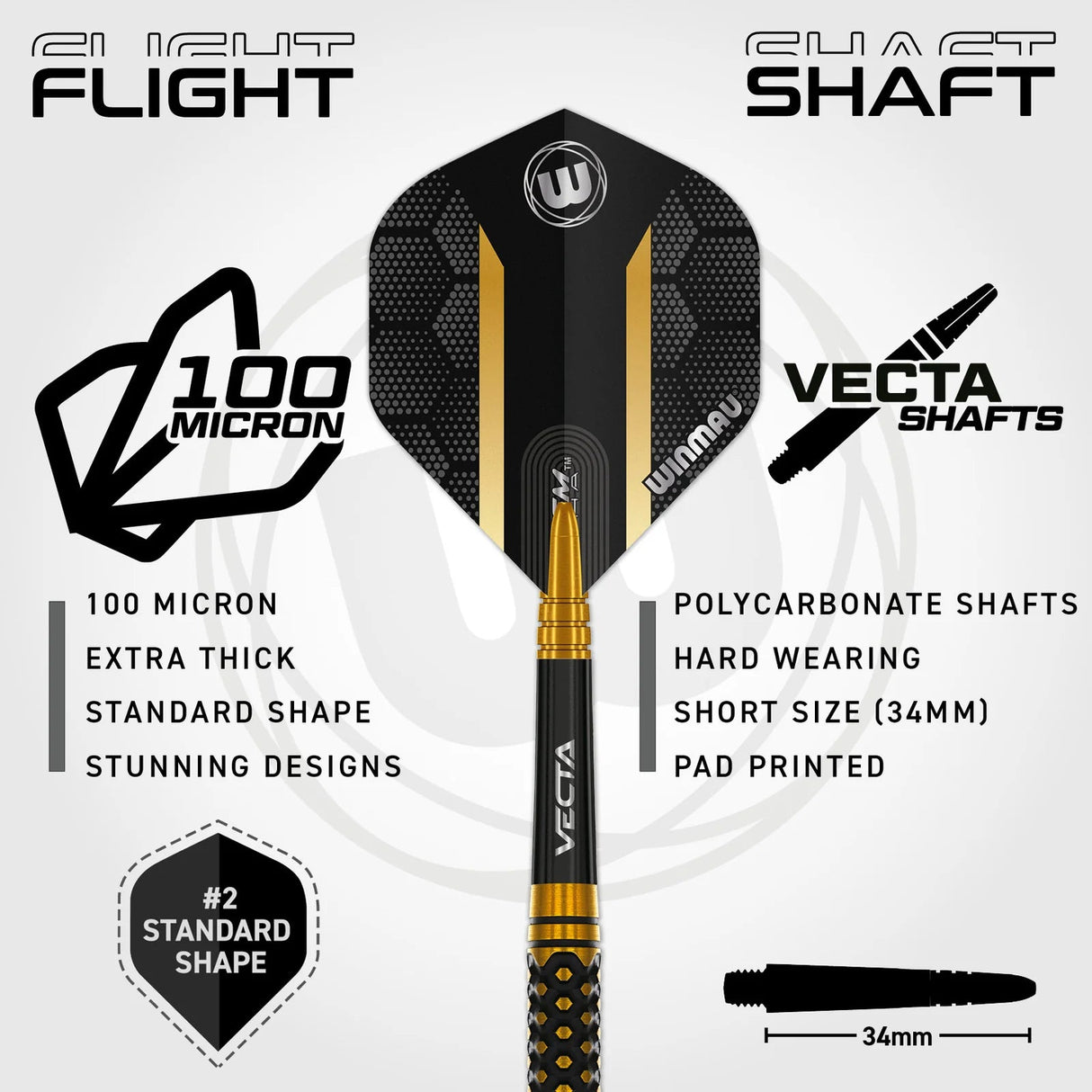 Top-down close-up of a tungsten dart showing black and gold flight, polycarbonate Vecta shaft, and highlighted 100 micron thickness and 34mm short shaft.
