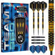 Steel tip tungsten darts set with honeycomb grip, full product in packaging, spare shafts and flights, close-up barrel texture