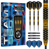 Steel tip tungsten darts set with honeycomb grip, full product in packaging, spare shafts and flights, close-up barrel texture