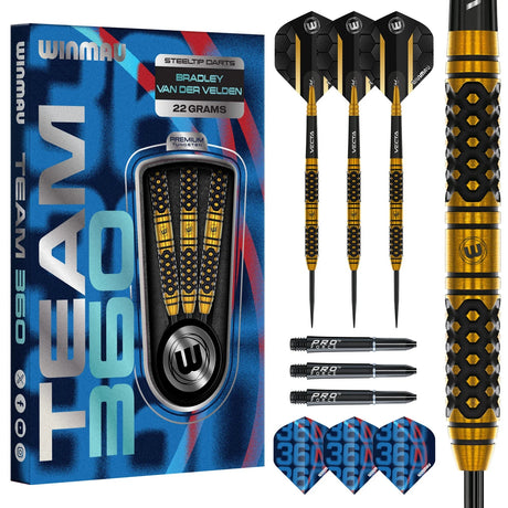 Steel tip tungsten darts set with honeycomb grip, full product in packaging, spare shafts and flights, close-up barrel texture