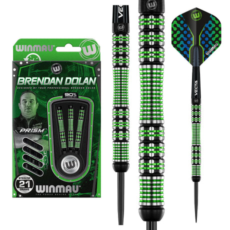 Brendan Dolan 90% tungsten steel tip darts in packaging with close-up of green ringed grip and full dart with flight on white background