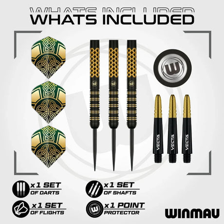 Flat lay of Winmau Brendan Dolan 90% tungsten darts set with three darts, three flights, three shafts, and point protector on white background