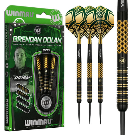 Brendan Dolan 90% tungsten darts set in retail packaging with three assembled darts showing gold lattice grip and Celtic flight design
