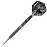 Single tungsten dart with precision grip barrel, Vecta stem, and black patterned flight, isolated on white background