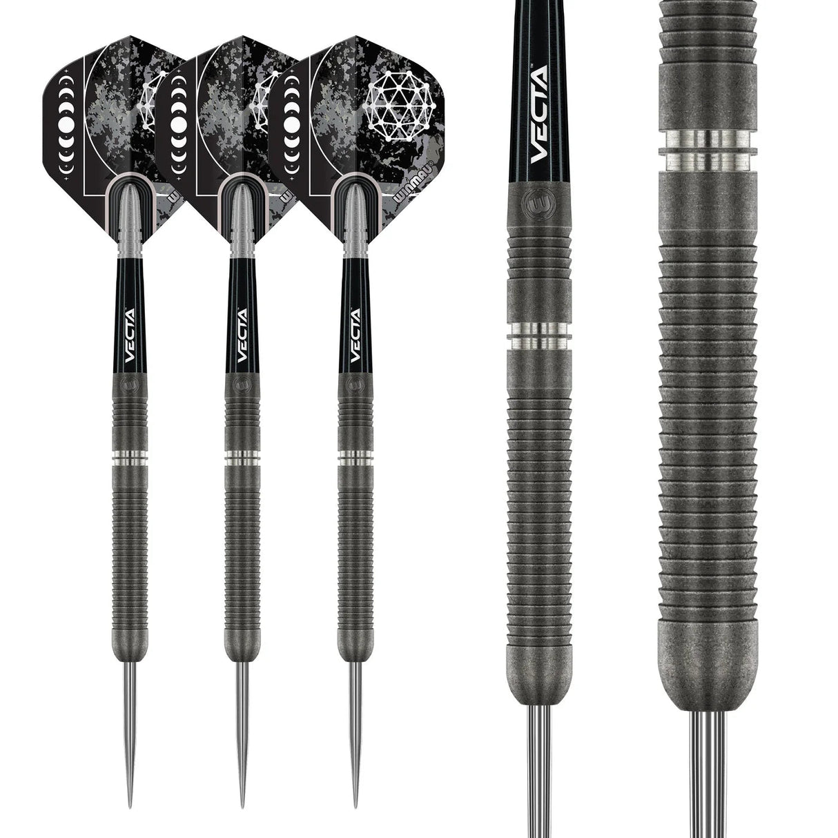 Full view and macro close-up of 90 tungsten darts showing ringed barrel grip, sleek black shafts, and geometric flights on white background