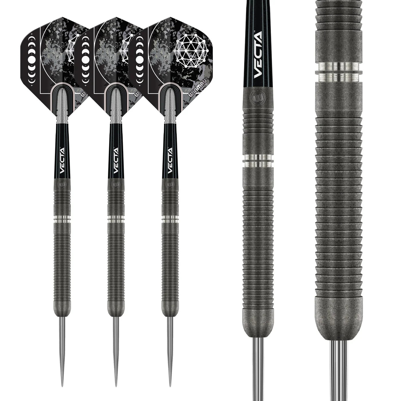 Full view and macro close-up of 90 tungsten darts showing ringed barrel grip, sleek black shafts, and geometric flights on white background