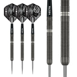 Full view and macro close-up of 90 tungsten darts showing ringed barrel grip, sleek black shafts, and geometric flights on white background