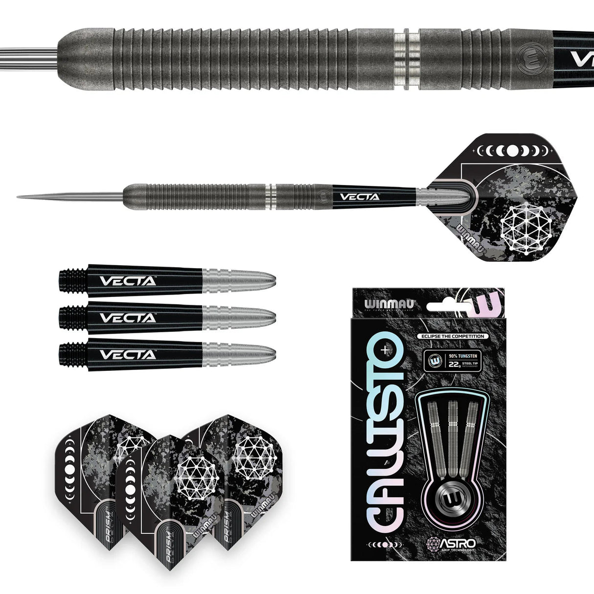 Top-down composite of 90% tungsten darts with ribbed grip, Vecta stems, geometric flights, and retail box for steel tip setup