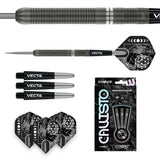 Top-down composite of 90% tungsten darts with ribbed grip, Vecta stems, geometric flights, and retail box for steel tip setup