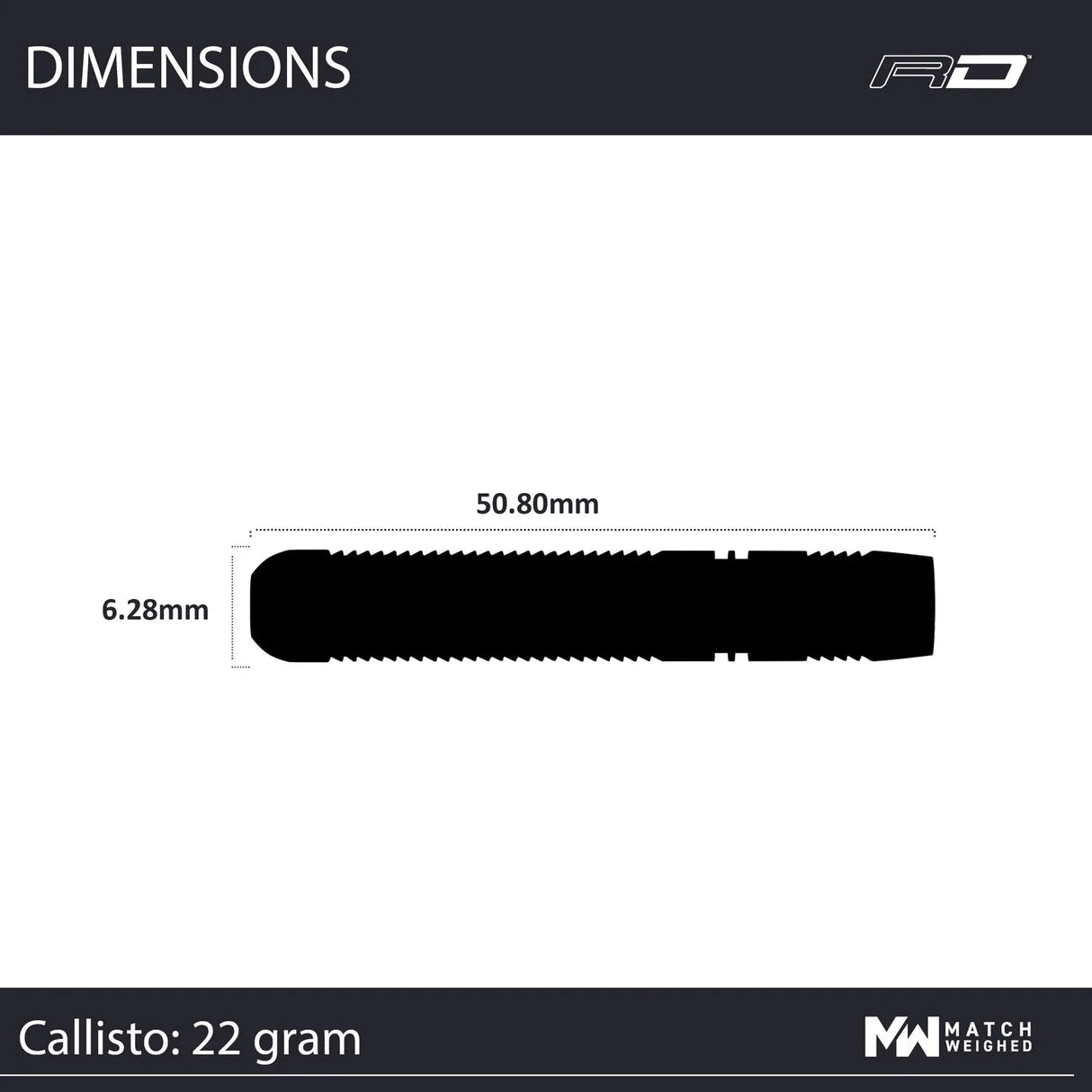 Dart barrel silhouette side view with dimensions 50.80mm length and 6.28mm diameter, highlighting precise tungsten dart specifications