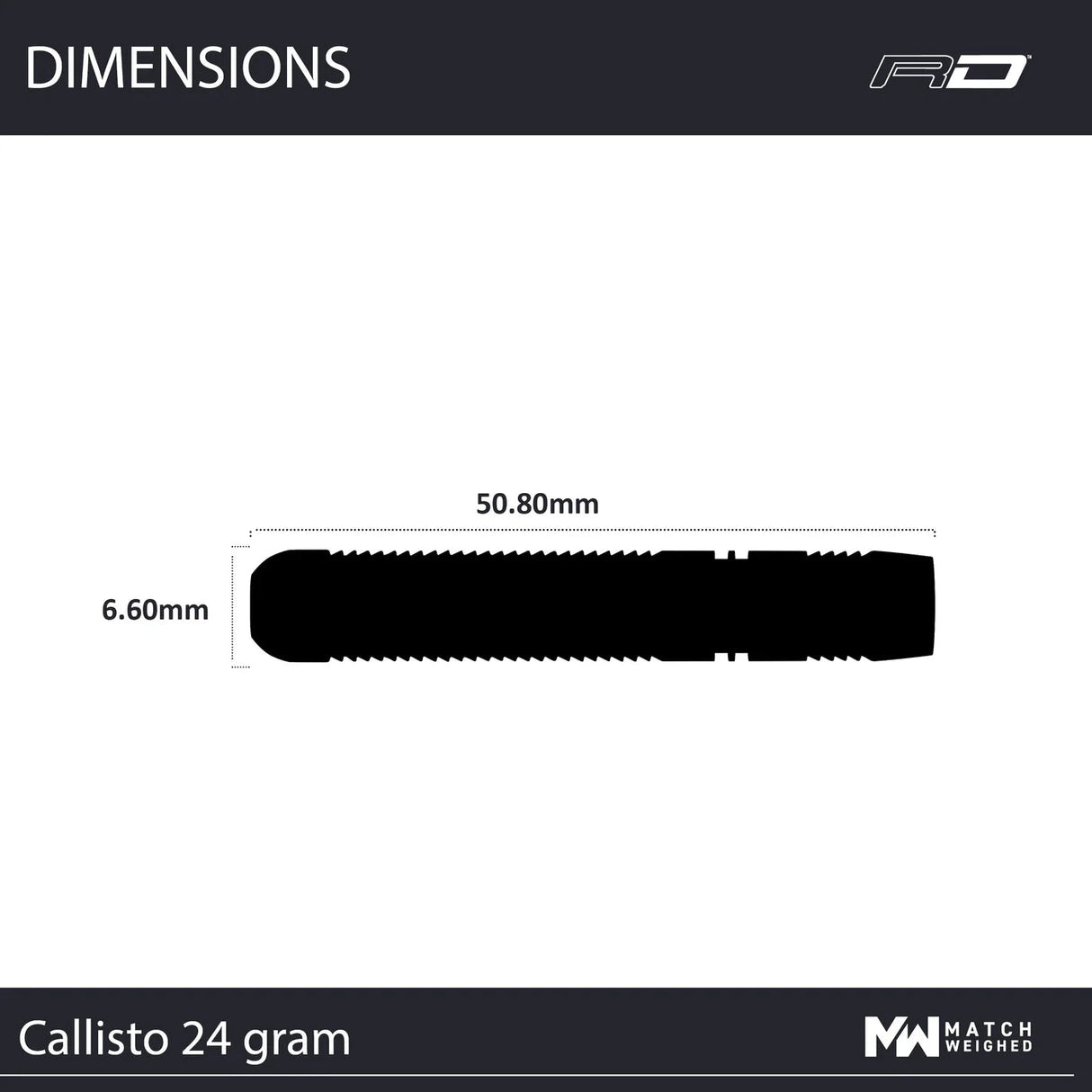 Dart barrel dimensions diagram, 50.80mm length and 6.60mm diameter, technical side view for tungsten dart buyers