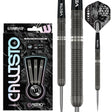 90% tungsten steel tip darts set with textured barrel grip, Vecta shafts, Callisto packaging, and geometric flights on white background