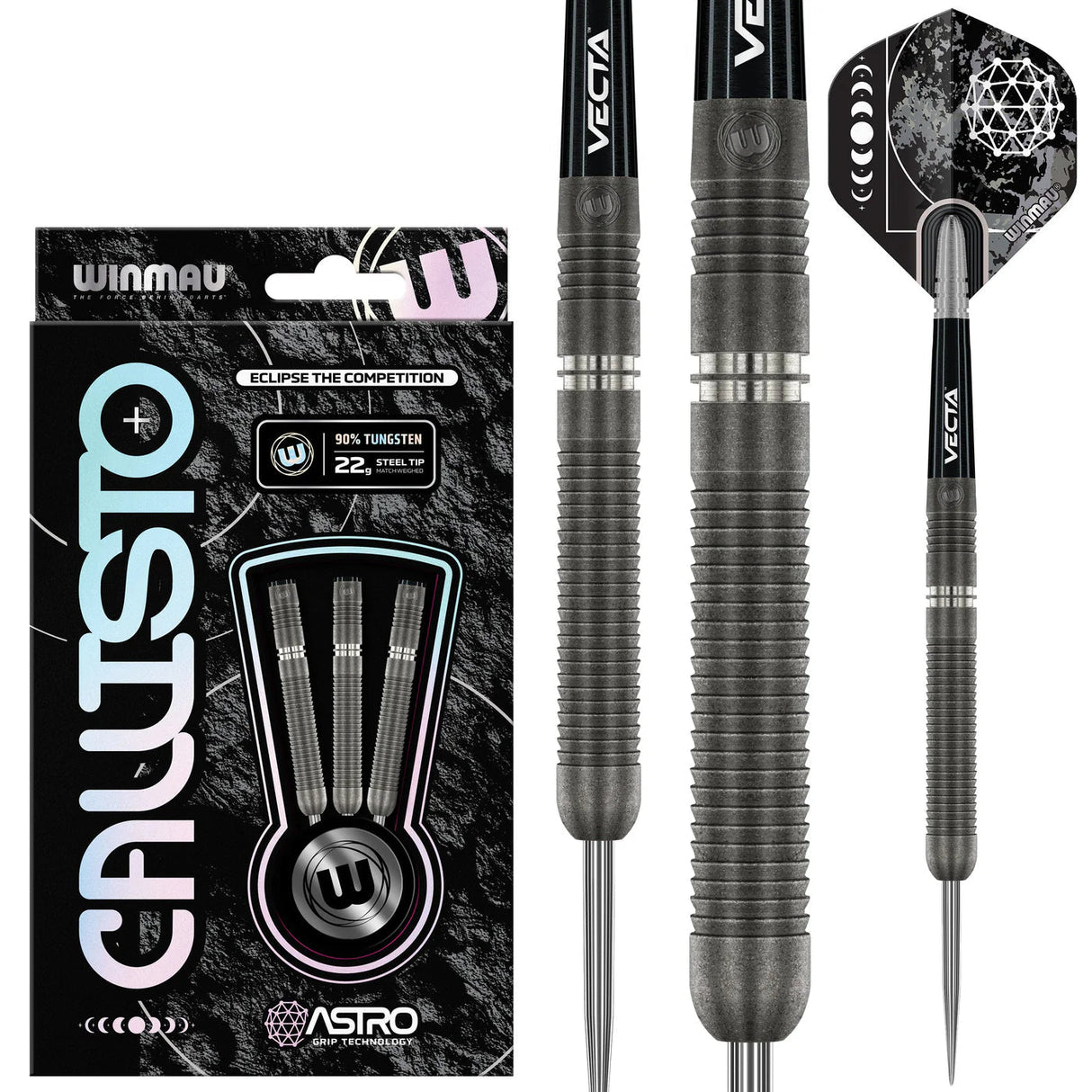 90% tungsten steel tip darts set with textured barrel grip, Vecta shafts, Callisto packaging, and geometric flights on white background