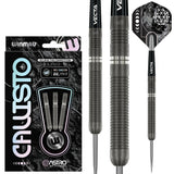 90% tungsten steel tip darts set with textured barrel grip, Vecta shafts, Callisto packaging, and geometric flights on white background