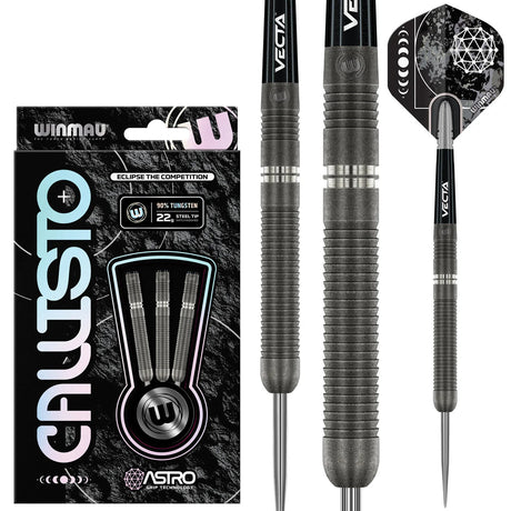 90% tungsten steel tip darts set with textured barrel grip, Vecta shafts, Callisto packaging, and geometric flights on white background