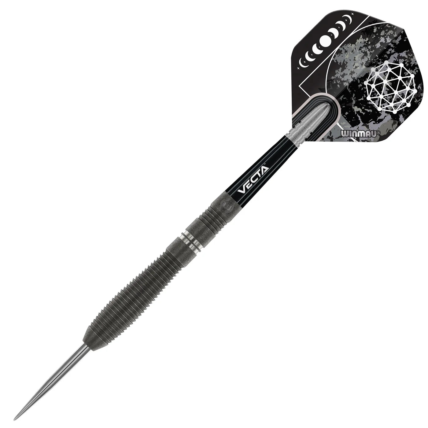 Angled view tungsten dart with black grip barrel, steel tip, and moon phase printed flight on white background