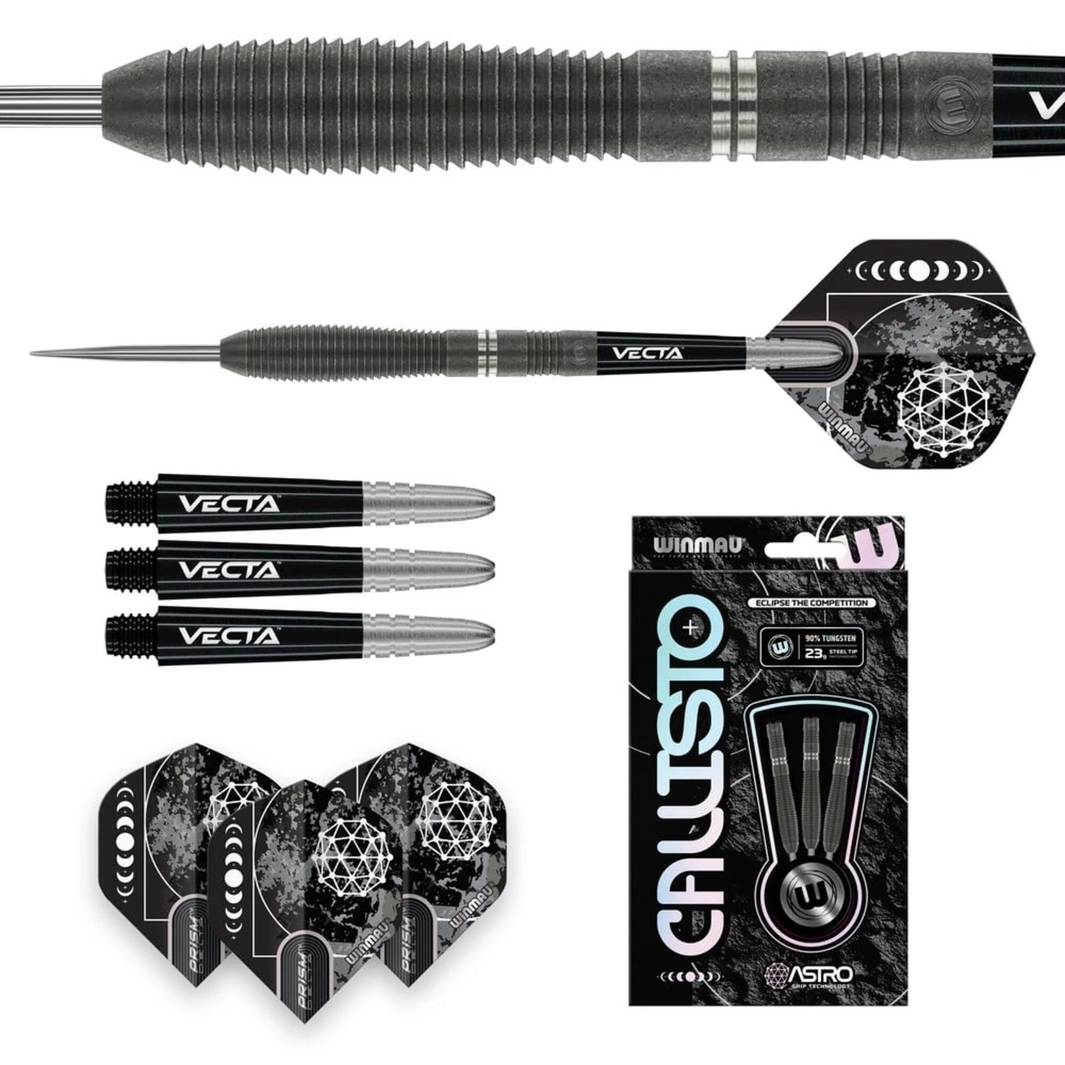 Callisto 02 tungsten darts set flat lay with barrel grip close-up, extra Vecta shafts, flights, and retail box on white background