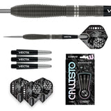 Callisto 02 tungsten darts set flat lay with barrel grip close-up, extra Vecta shafts, flights, and retail box on white background