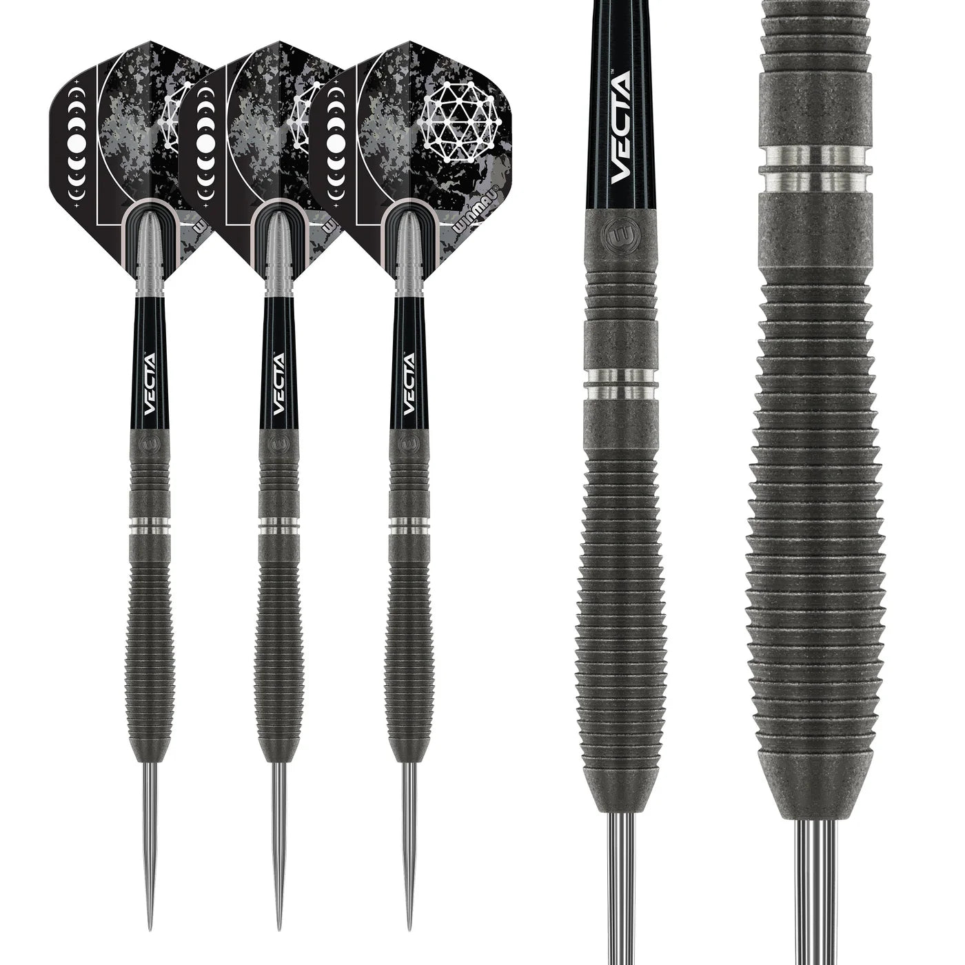 Three 90% tungsten darts with black flights and macro close-up of ringed barrel grip texture on white background
