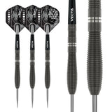 Three 90% tungsten darts with black flights and macro close-up of ringed barrel grip texture on white background