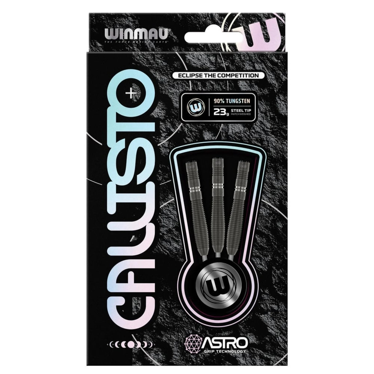 Three 90% tungsten steel tip darts in retail packaging with Astro-Grip barrel texture, full product display for darts buyers
