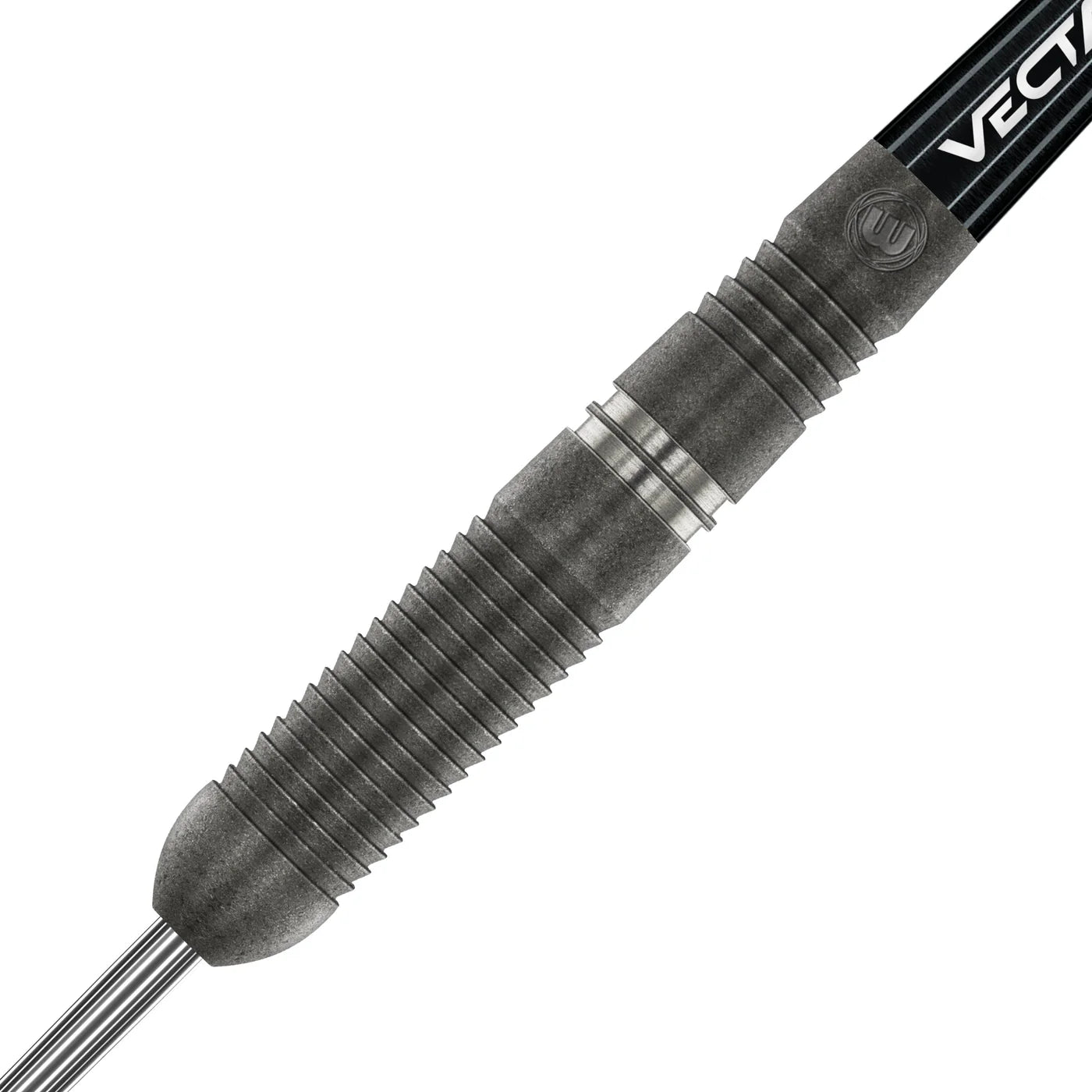Close-up of 90% tungsten dart barrel with precision grip rings and detailed machining, isolated on white background
