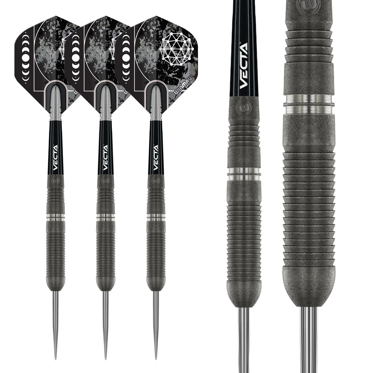 Three 90% tungsten darts with black flights and a barrel grip close-up, isolated on white, highlighting precision grooves and dart design.