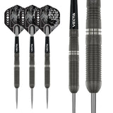 Three 90% tungsten darts with black flights and a barrel grip close-up, isolated on white, highlighting precision grooves and dart design.