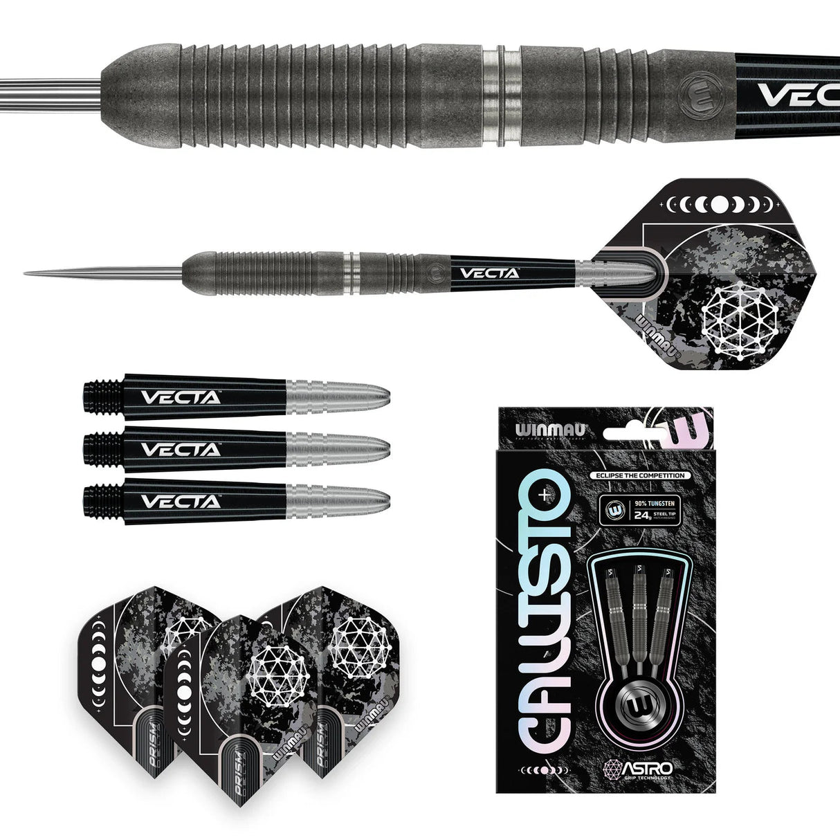Callisto 03 tungsten darts set with close-up barrel grip, included Vecta shafts, flights, and boxed packaging on white background