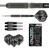 Callisto 03 tungsten darts set with close-up barrel grip, included Vecta shafts, flights, and boxed packaging on white background