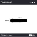 Dart barrel side profile with 43.18mm length and 7.45mm diameter, technical measurements for tungsten darts, isolated on white background