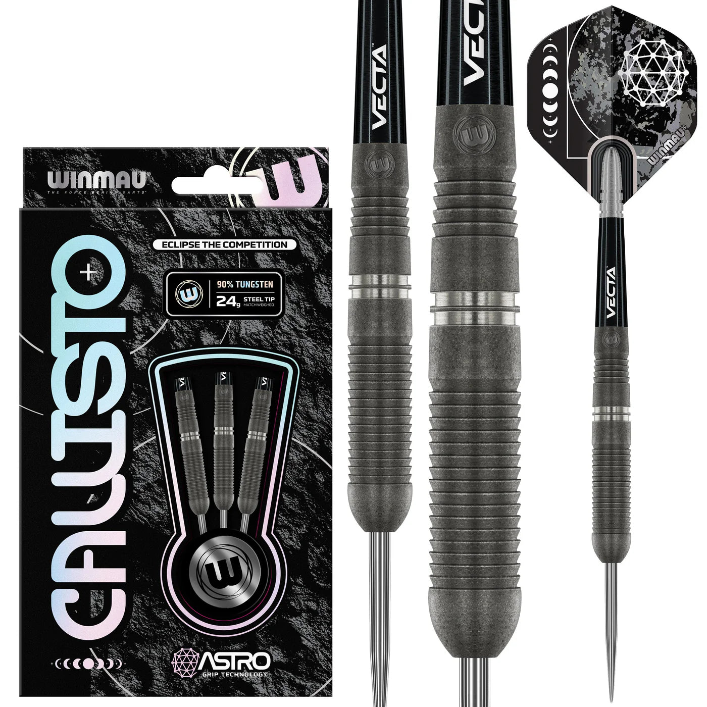 Full view of 90% tungsten steel tip darts set in retail packaging with close-up on barrel grip texture and assembled dart featuring geometric flight design