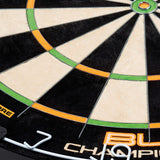 Close-up dartboard shot highlighting dual core segments, thin wire dividers, green and orange scoring areas, clear numbers