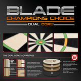 Close-up shots of dartboard scoring areas, bullseye, and Dual Core technology diagram showing advanced sisal layers for precision and durability.