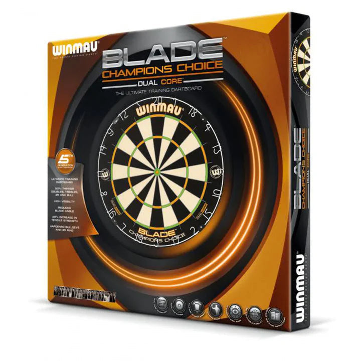 Champions Choice Blade Dual Core dartboard boxed, angled full view with packaging details and training board features visible
