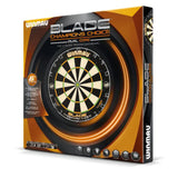 Champions Choice Blade Dual Core dartboard boxed, angled full view with packaging details and training board features visible