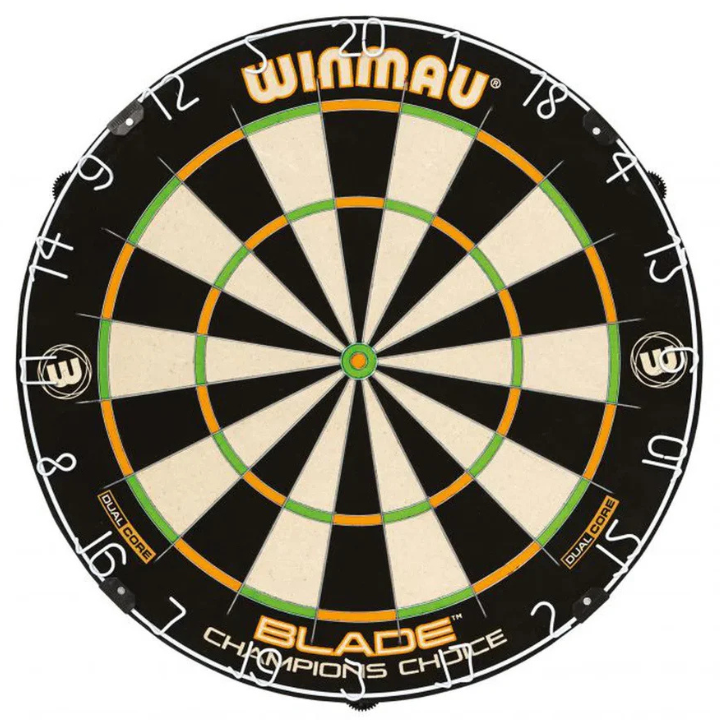 Tournament dartboard top-down view isolated on white, thin double and treble segments, clear numbers, dual core wiring