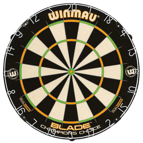 Tournament dartboard top-down view isolated on white, thin double and treble segments, clear numbers, dual core wiring