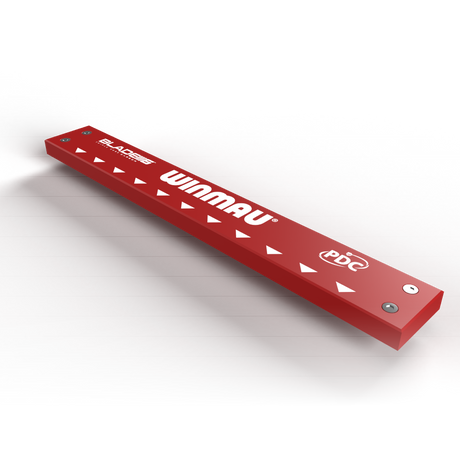 angled view of PVC dart mat oche showing arrow markers, PDC logo, and screws on an isolated dark background