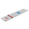 Angled view of PVC dart mat with integrated oche and PDC branding, isolated, showing length and oche feature for darts setup