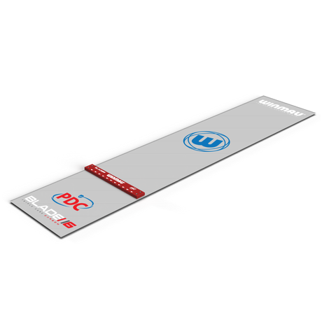 Angled view of PVC dart mat with integrated oche and PDC branding, isolated, showing length and oche feature for darts setup