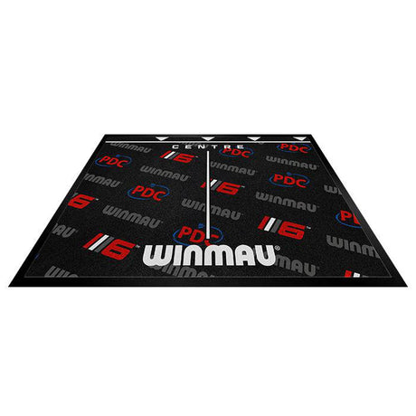 Angled view of compact dart mat with throw line, vivid logo pattern, and oche marker, isolated on white for darts setup