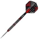 90% tungsten dart full view isolated, precision grip barrel, red black patterned flight, steel tip, Vecta shaft
