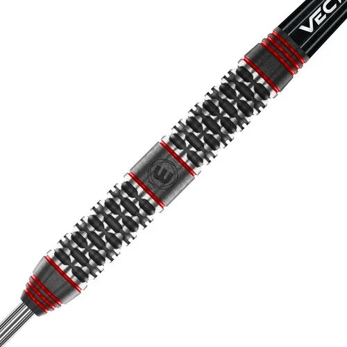 Macro close-up of 90% tungsten dart barrel showcasing precision grip rings, knurled texture, and red accent grooves
