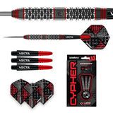 Composite view showing Cypher 90% tungsten dart barrel texture close-up, full dart with Vecta flight, spare shafts and flights, plus retail package