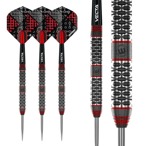 Three tungsten darts with black and red flights shown side by side, plus macro close-up of precision grip barrel texture on white background